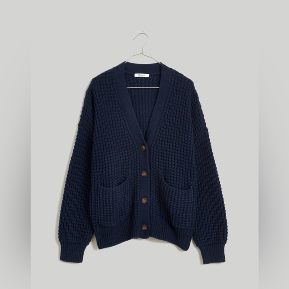 Madewell Waffle-Knit V-Neck Cardigan in Navy